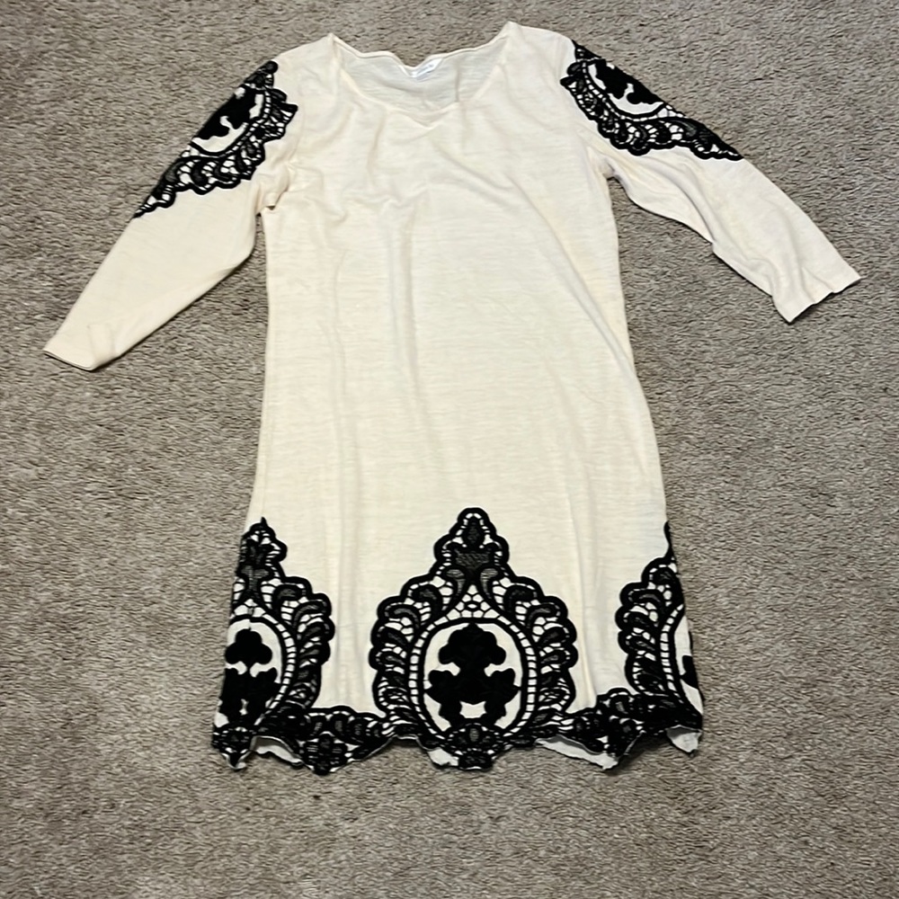 Cream sweater dress with black lace